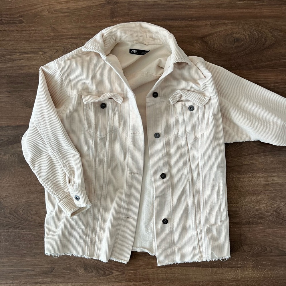 Zara Cream Corduroy Shacket Raw Hem Button Up Jacket